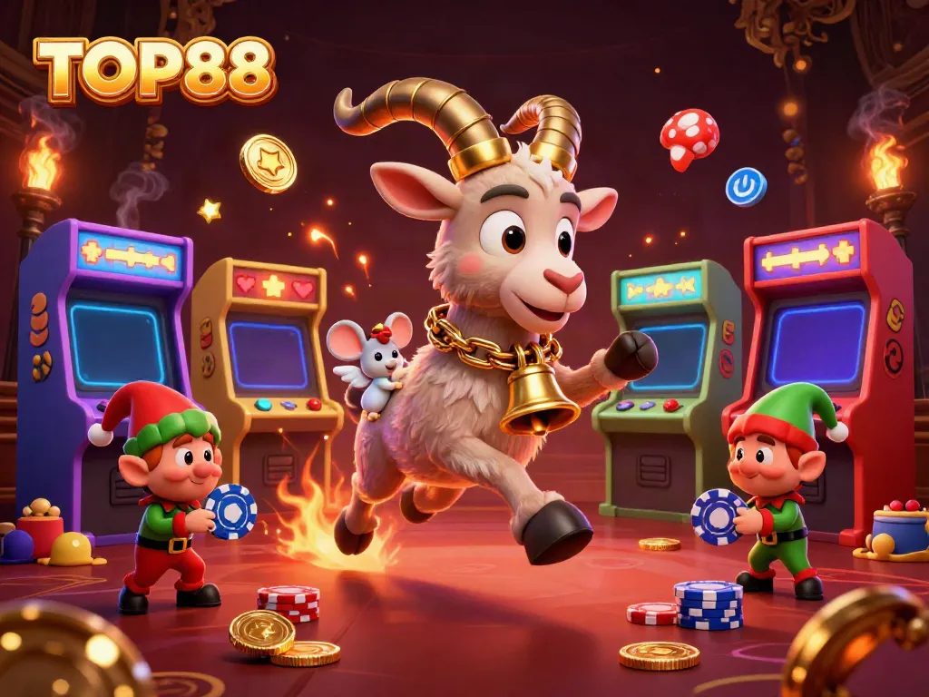 Experience the thrill of TOP88 in a bustling casino scene with festive characters and vibrant game elements.