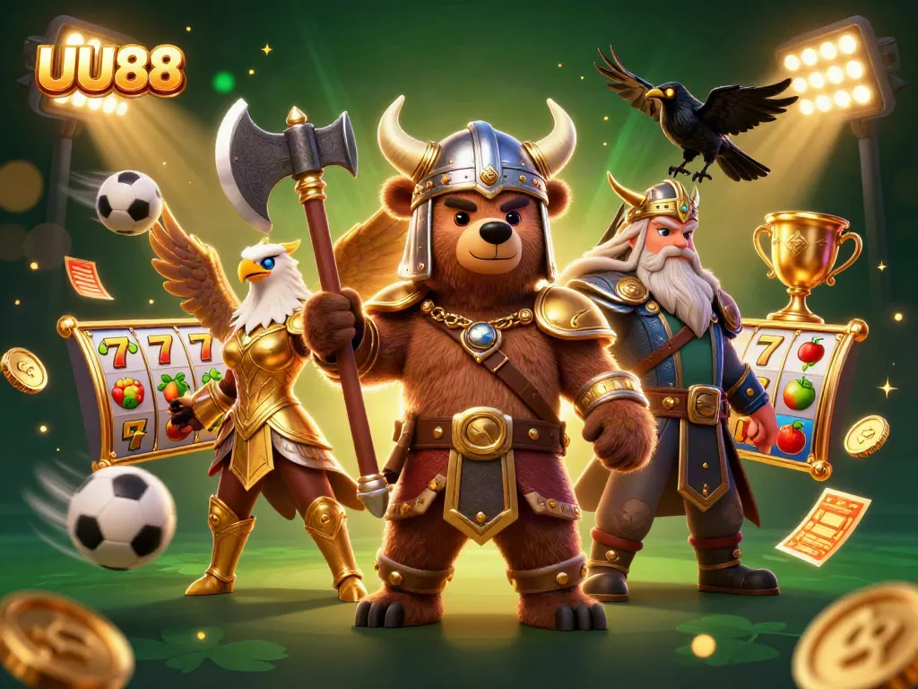 Experience high-stakes thrills with UU88's dynamic casino gaming scene featuring vibrant slot reels and golden trophies.