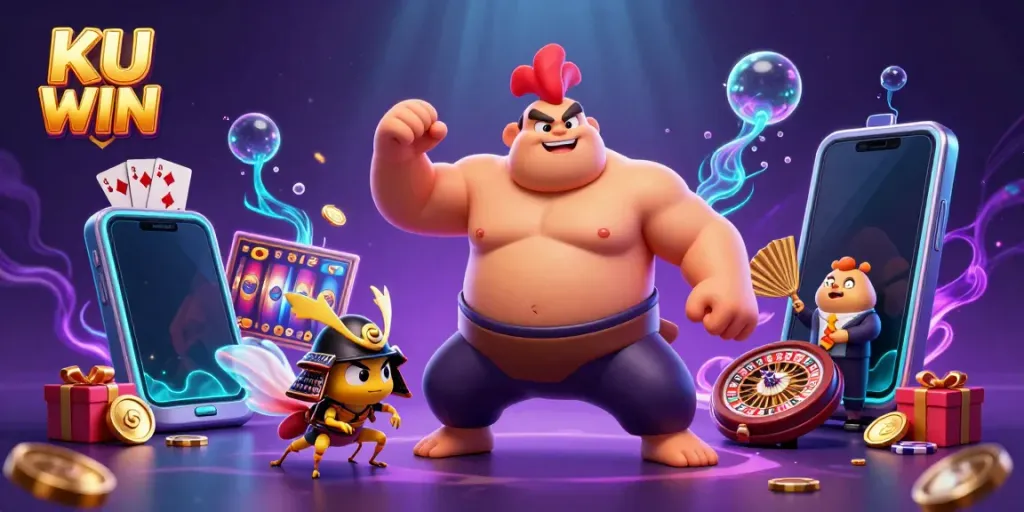Engage with KU WIN's thrilling casino world, featuring a powerful sumo wrestler, cricket warrior, and announcer.