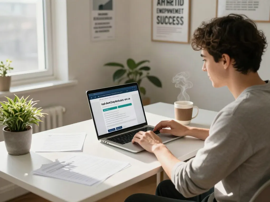 Young professional at home office applying for payday loans at https://red-deer.paydayloans-on.ca, surrounded by financial documents and coffee.