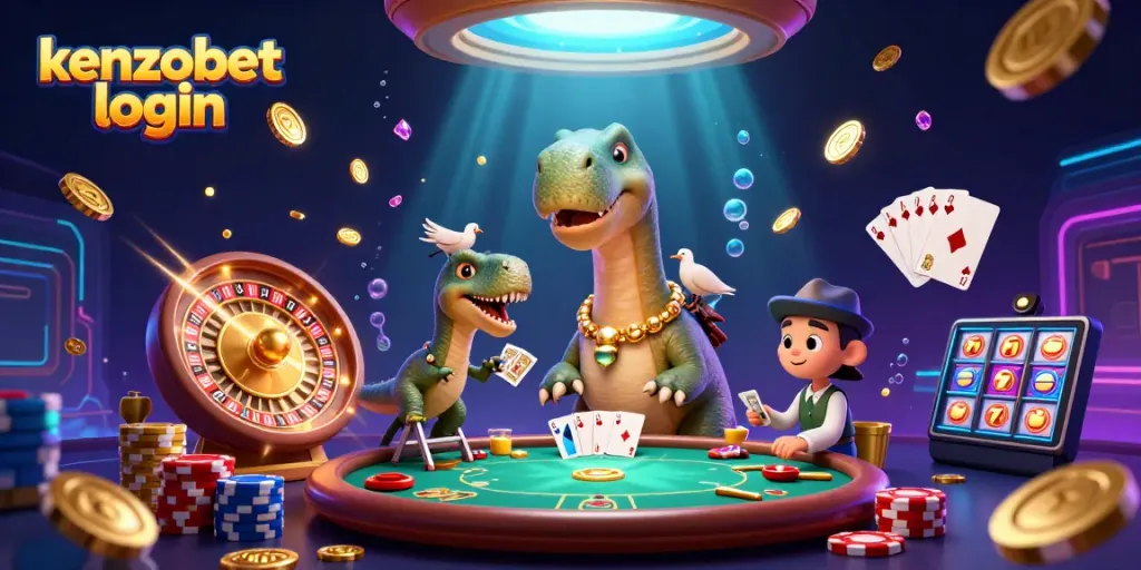 Kenzobet login scene featuring a giant brontosaurus and a clever raptor at a poker table.