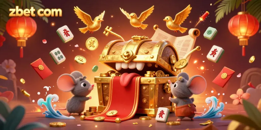 Experience thrilling gameplay with zbet com in this dynamic 3D illustration featuring a treasure chest and glowing casino elements.