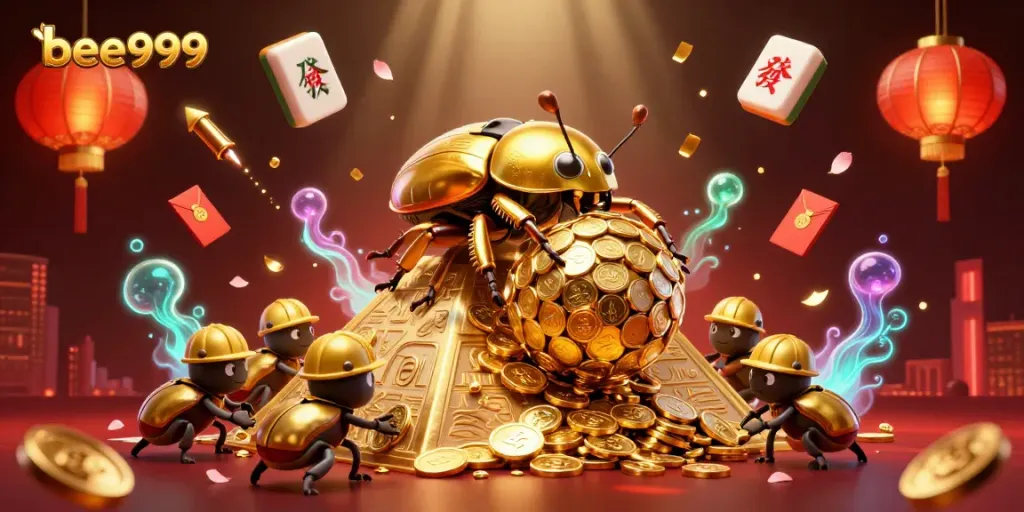 Experience excitement with bee999 as golden beetles roll treasures in a vibrant casino scene.