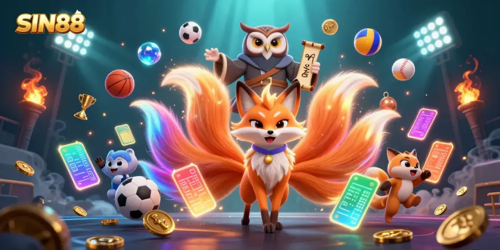 Experience the thrill of SIN88 with a colorful glowing fox spirit and sports elements in an immersive betting scene.