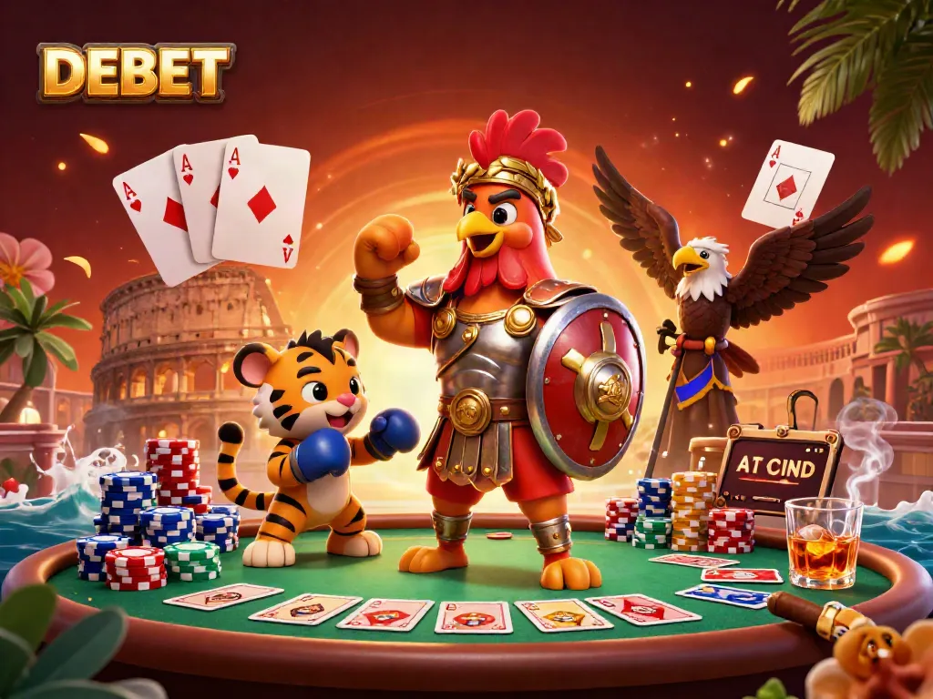 Engaging DEBET scene showcasing a gladiator rooster and friends in a vibrant casino atmosphere.