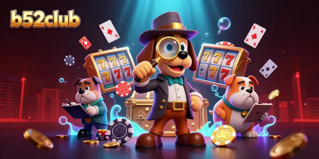 Experience the excitement of b52club with a cartoon detective hunting for treasures among vibrant slot machines.