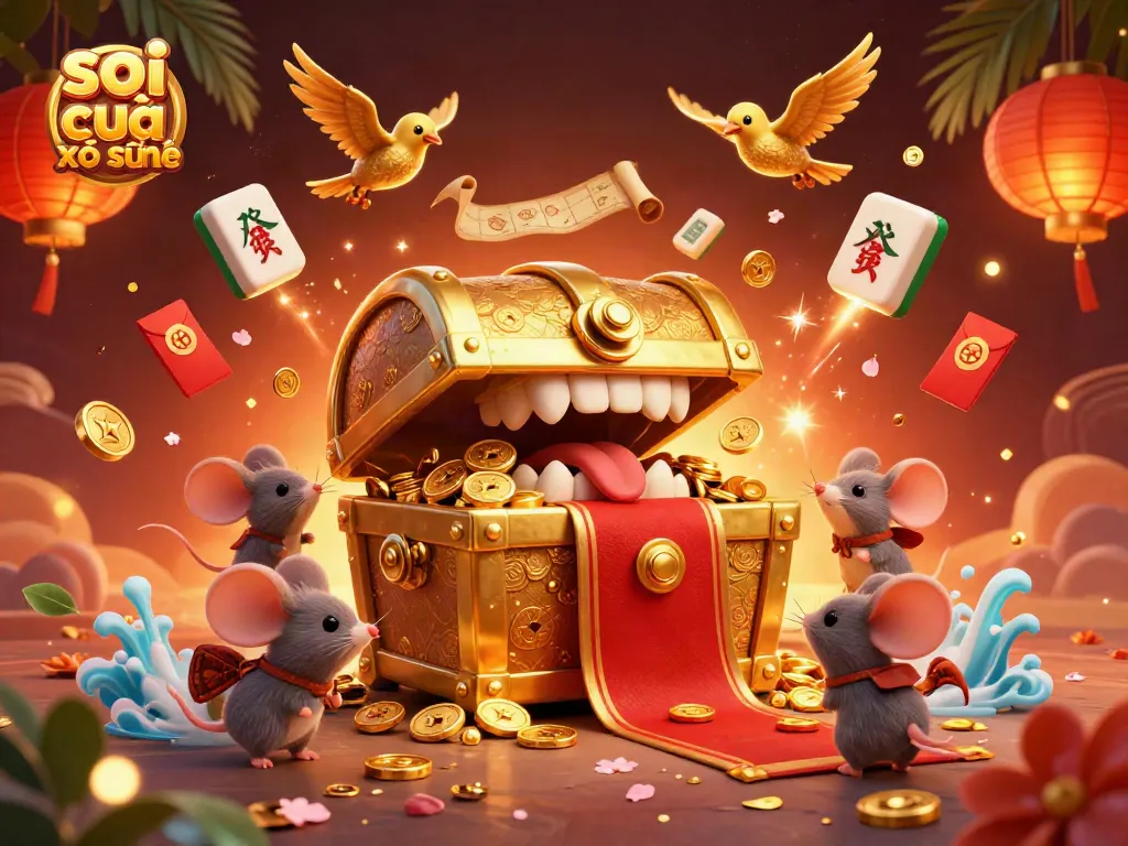 Engage with soi cầu xổ số: a treasure chest glowing with riches, inviting adventurer mice among festive elements.