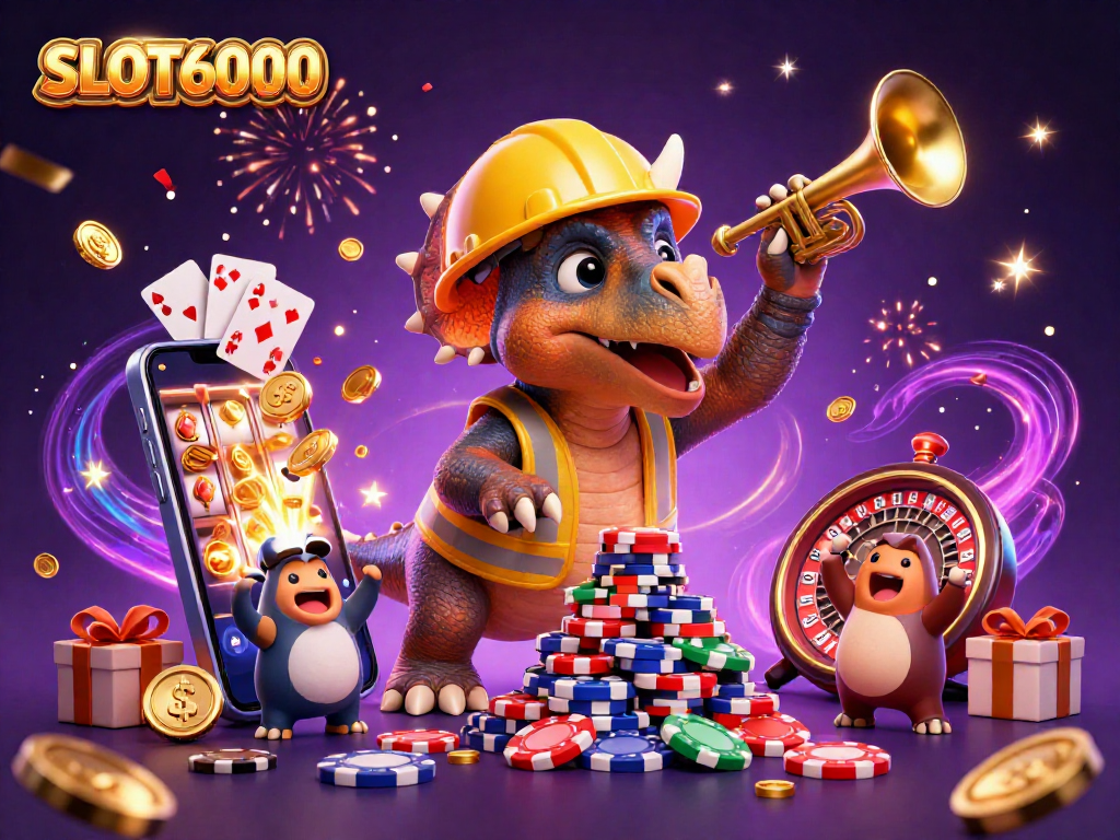 SLOT6000 illustration with a lively triceratops and casino games, celebrating big wins.