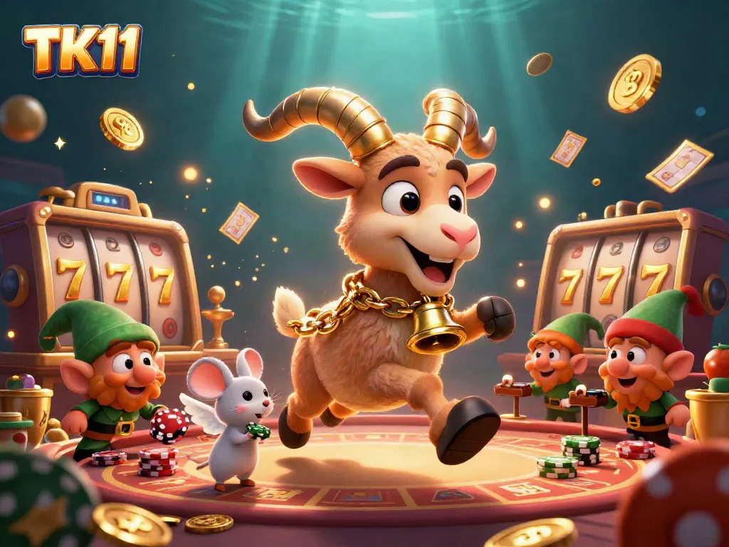Win big at TK11 with a Krampus goat managing a thrilling casino scene, showcasing dynamic slot games and enchanting characters.