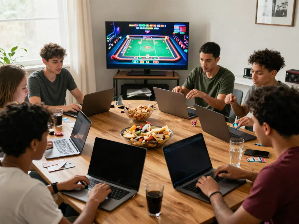 Group of friends enjoying online gaming at home, highlighting sun win experience.