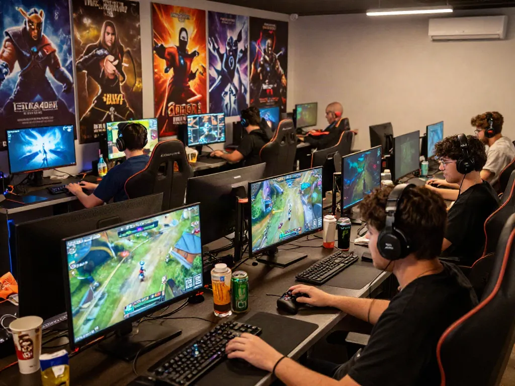 Interactive gaming scene with diverse players using istana404 features in an energetic digital landscape.