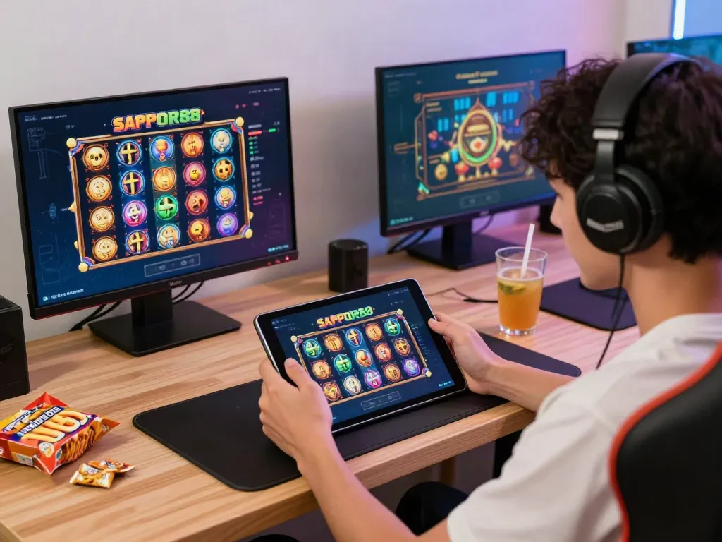 Player engaging with sapporo88 link on a tablet in a vibrant gaming setting.