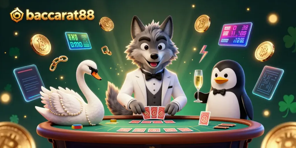 Join the excitement at baccarat88 with a stylish wolf, swan dealer, and penguin sommelier.