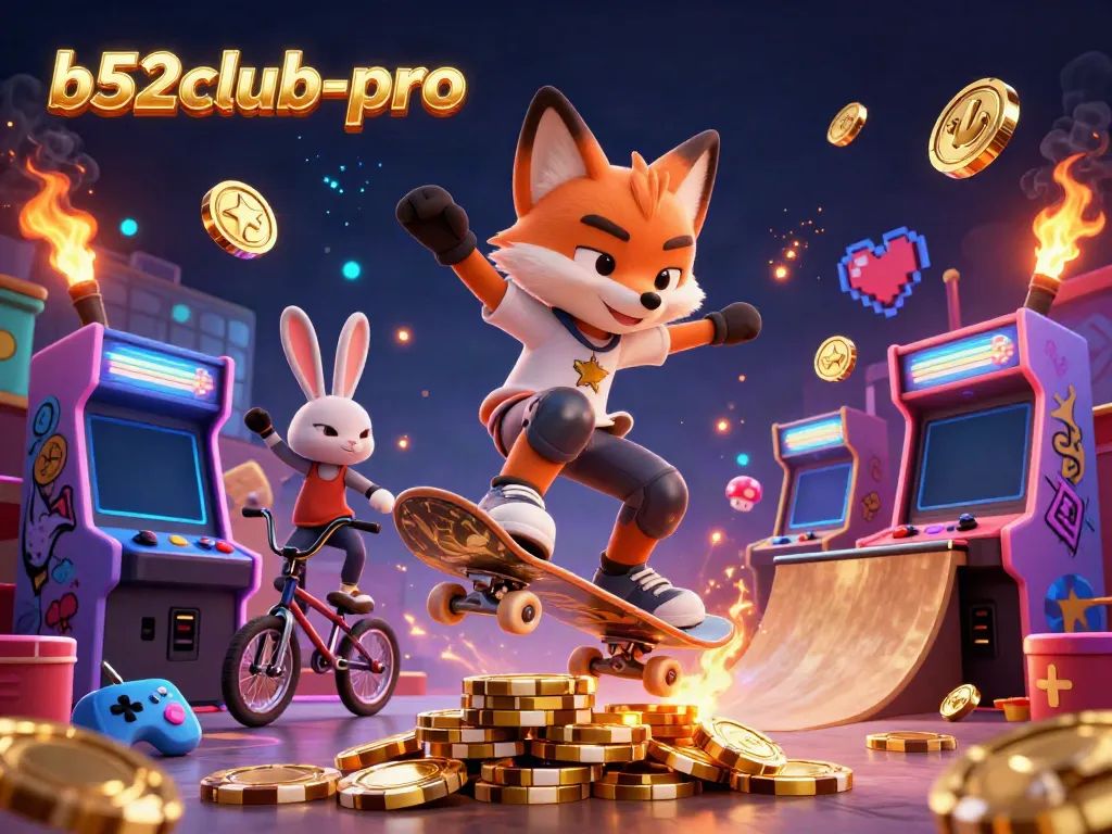 Experience b52club-pro with a cartoon skateboarder fox and BMX rabbit in a vibrant casino scene.