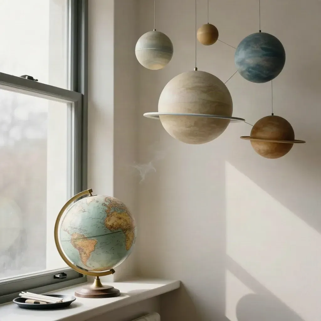 Model planet w klasie, globus i kreda przy oknie w porannym świetle.