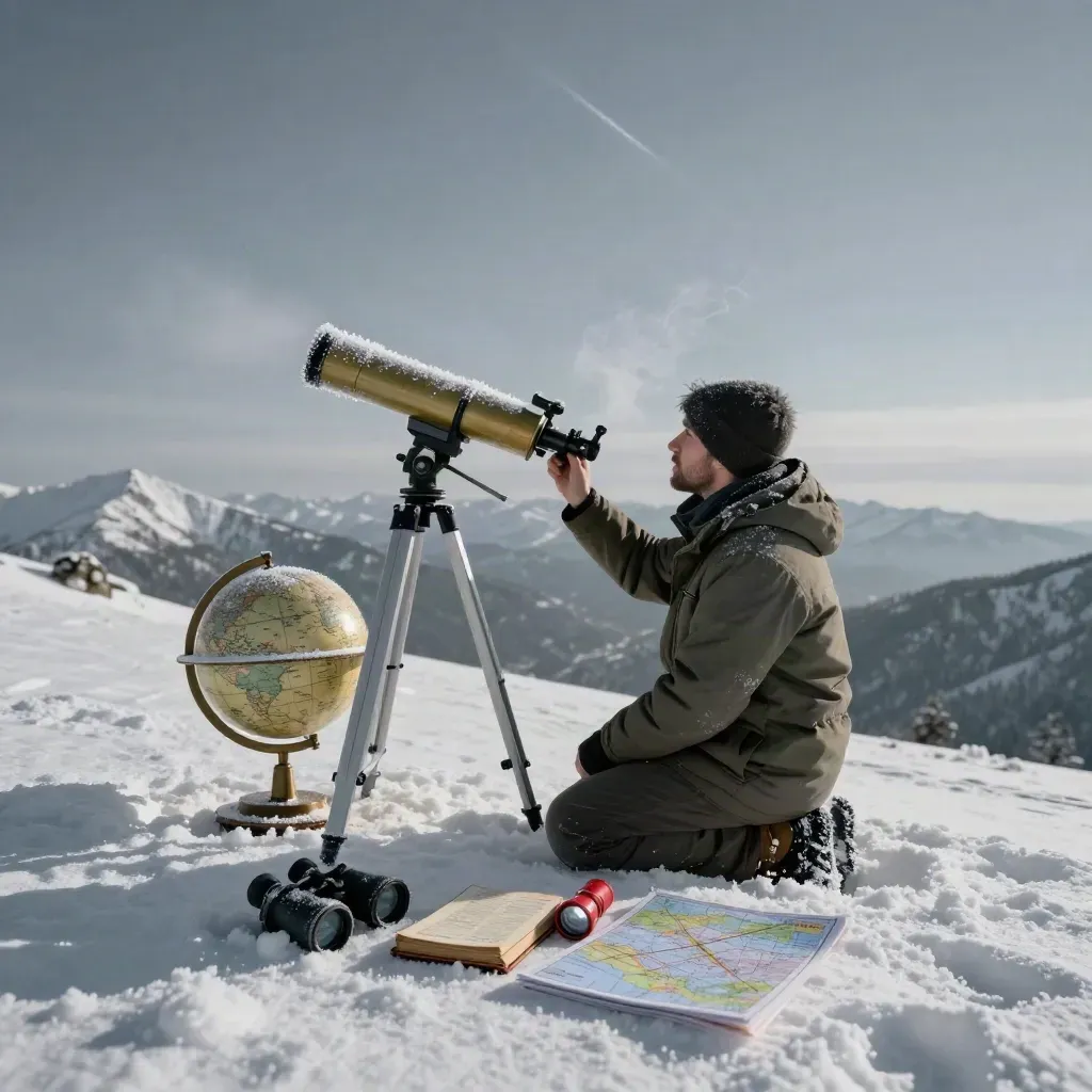 Teleskop Dobsona, globus nieba i akcesoria na śnieżnym grzbiecie pod meteorami.