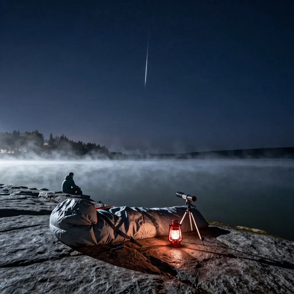 Spadający meteor nad jeziorem, namiot i teleskop przy brzegu