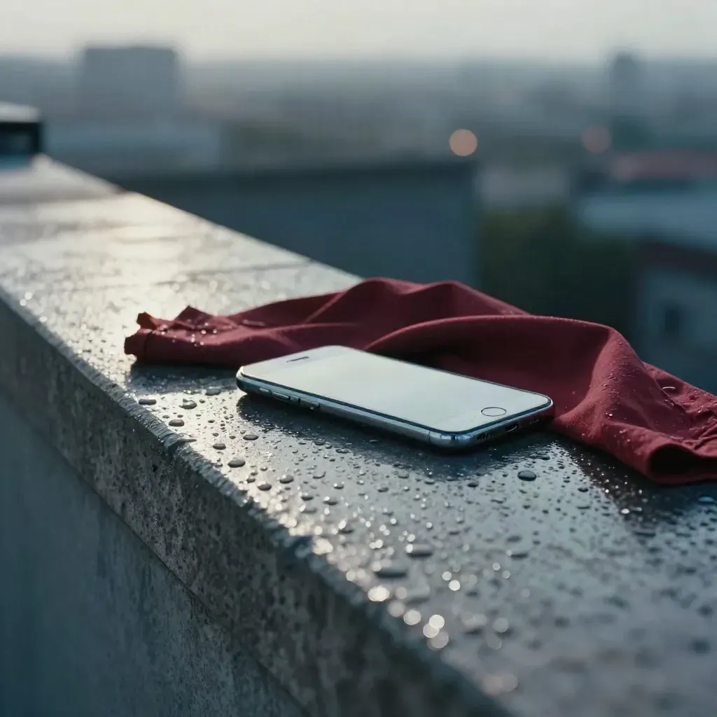 Smartfon po nocnym zdjęciu leży na mokrej krawędzi dachu obok złożonej czerwonej tkaniny.