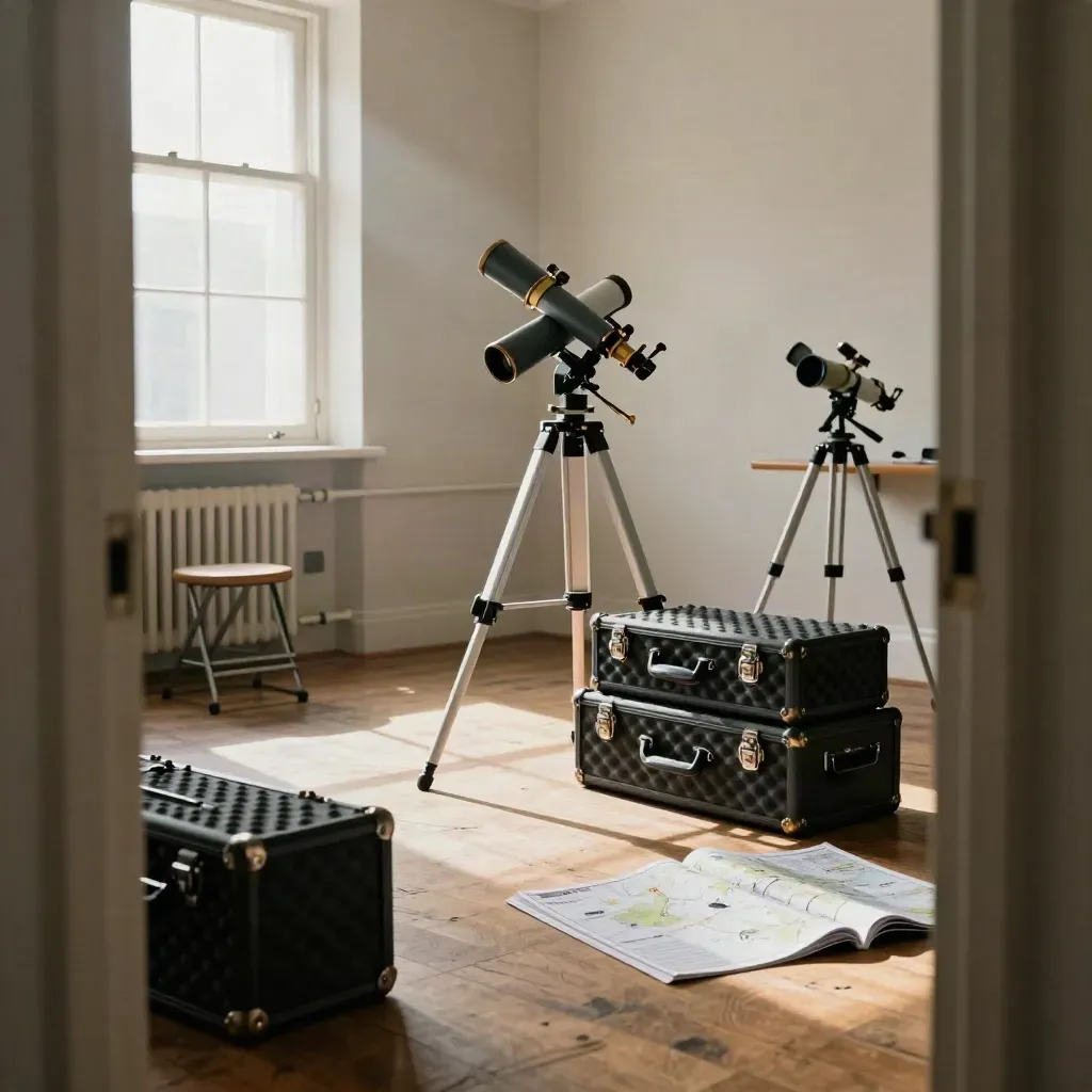 Pusta klasa astronomiczna po lekcji, teleskop i skrzynie przy jasnym oknie.