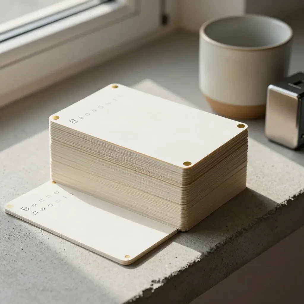 Quizowe karty z kolorowymi zakładkami, kubek ceramiczny i timer na jasnym betonie