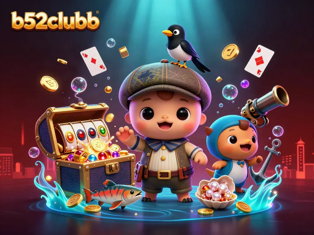 Engaging scene of b52clubb's playful characters amidst vibrant casino elements, showcasing slots and treasures.