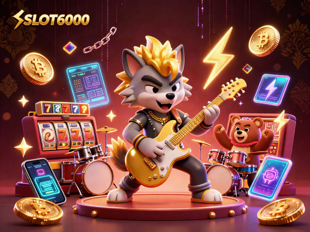 SLOT6000 showcases an energetic scene with a rock star wolf and drummer bear on a casino stage, enhanced by slot reels and cryptocurrency elements.