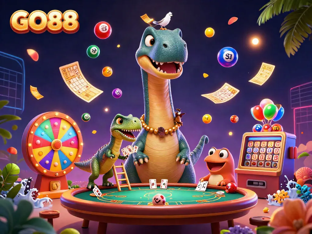 Experience the thrilling world of GO88 as a giant brontosaurus interacts with a poker game.