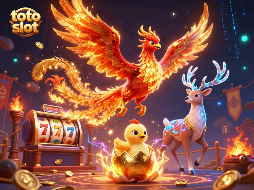 Spin the toto slot reels with a vibrant phoenix and mystical stag in an enchanting scene