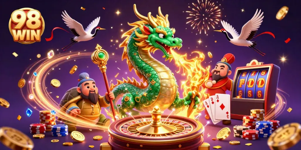 Engage with the exciting world of 98 WIN in a vibrant casino scene filled with dynamic characters and elements.