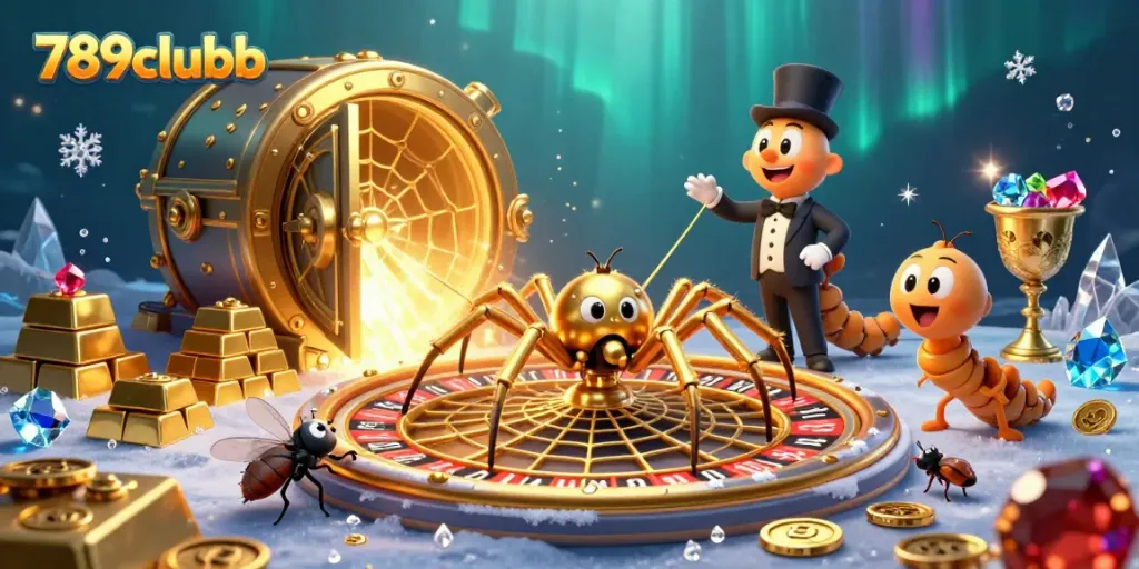 Experience the thrill of 789clubb with a dynamic scene of a spider croupier and a fly betting at a roulette wheel.