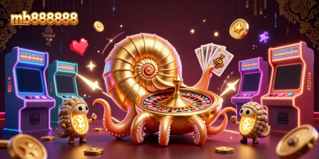 Engage in thrilling games with mb888888, featuring a vibrant casino scene of a nautilus roulette wheel and playing cards.