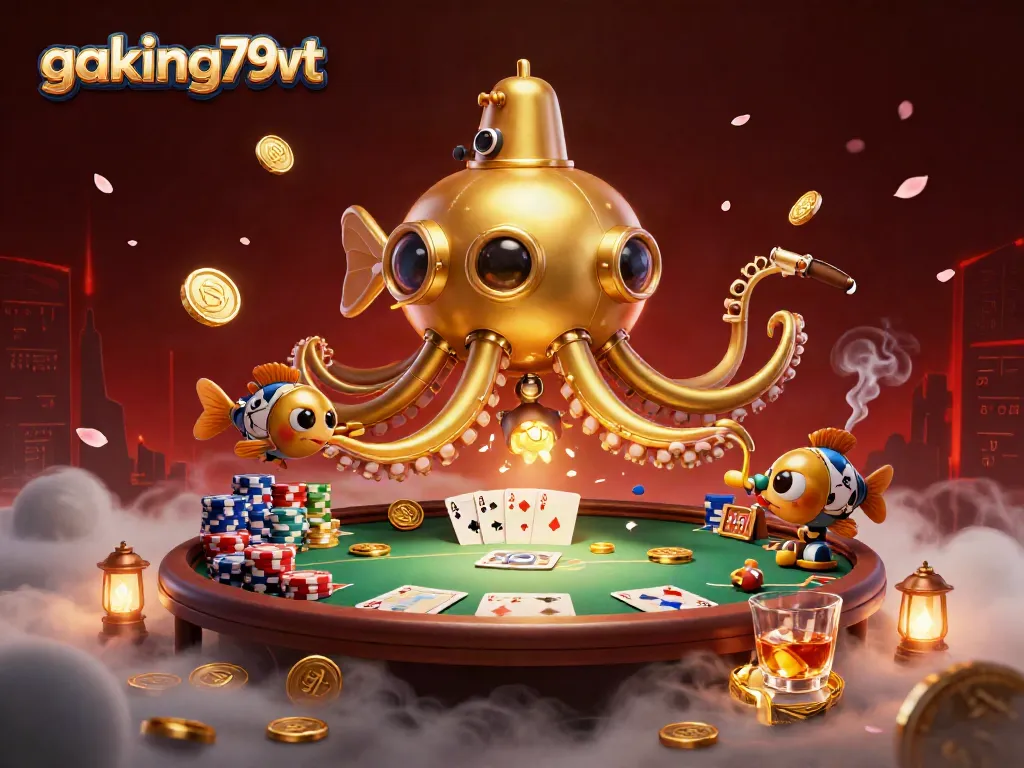 Engage with thrilling poker games at gaking79vt featuring a golden kraken submarine and mechanical fish.