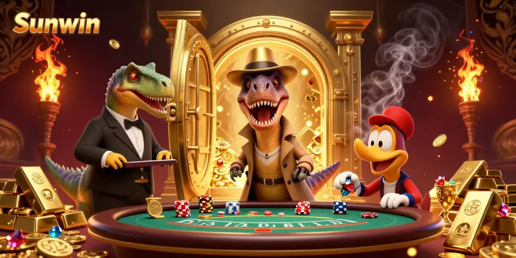Sunwin velociraptor in trench coat at a blackjack table amid shards of gold and jewels.