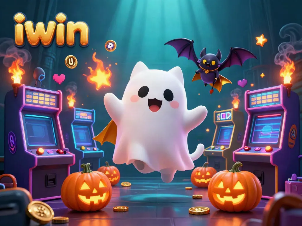 Engage with exciting iwin casino games, featuring ghostly characters and vibrant gaming elements in a haunted mansion environment.