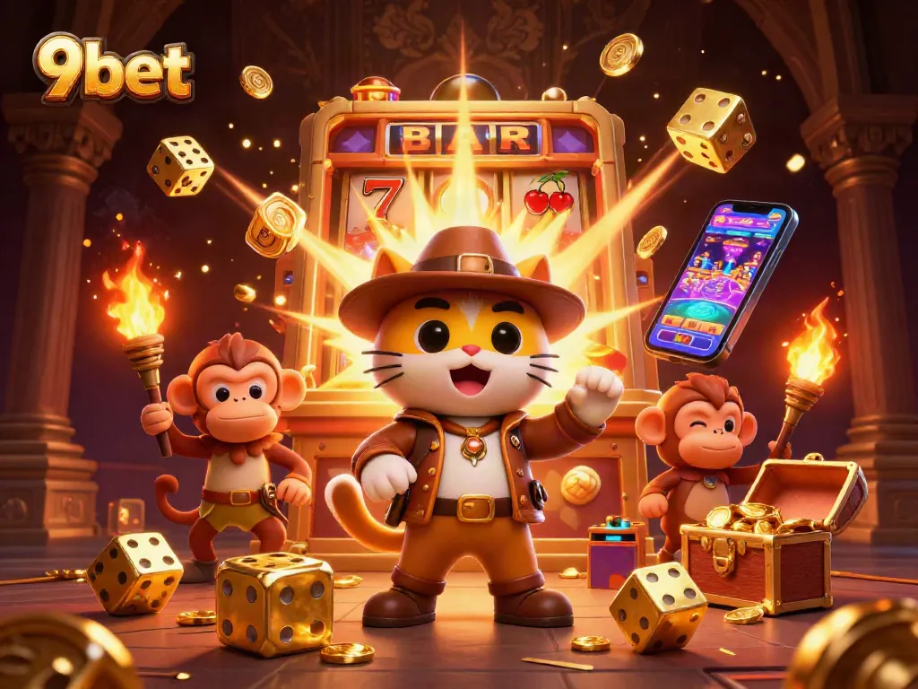 Experience the excitement of 9bet with a cat archaeologist and treasures in a vibrant casino scene.