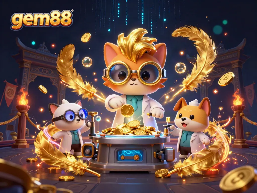 Experience the excitement at gem88 as the mad scientist cat creates gold coins amidst a bustling casino scene.