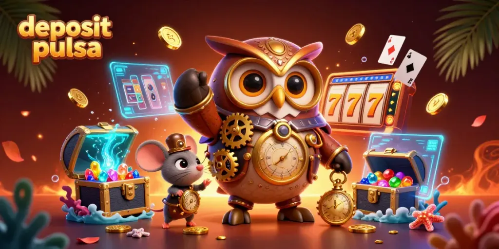 Engage with deposit pulsa gaming as the owl guides you through a colorful slot-filled adventure.