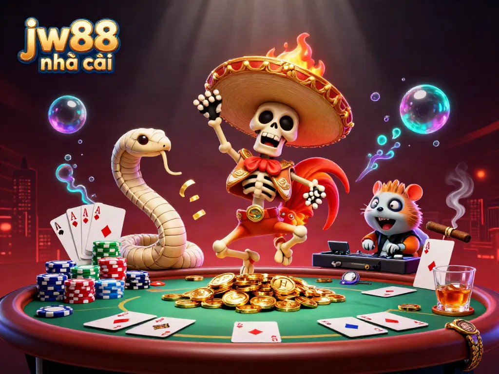 Experience excitement with jw88 nhà cái through a vibrant 3D casino scene featuring lively characters and poker elements.