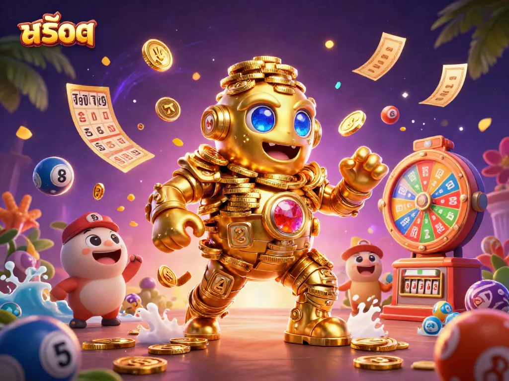 Spin the reels of สล็อต with vibrant golden golem and colorful dynamic elements.