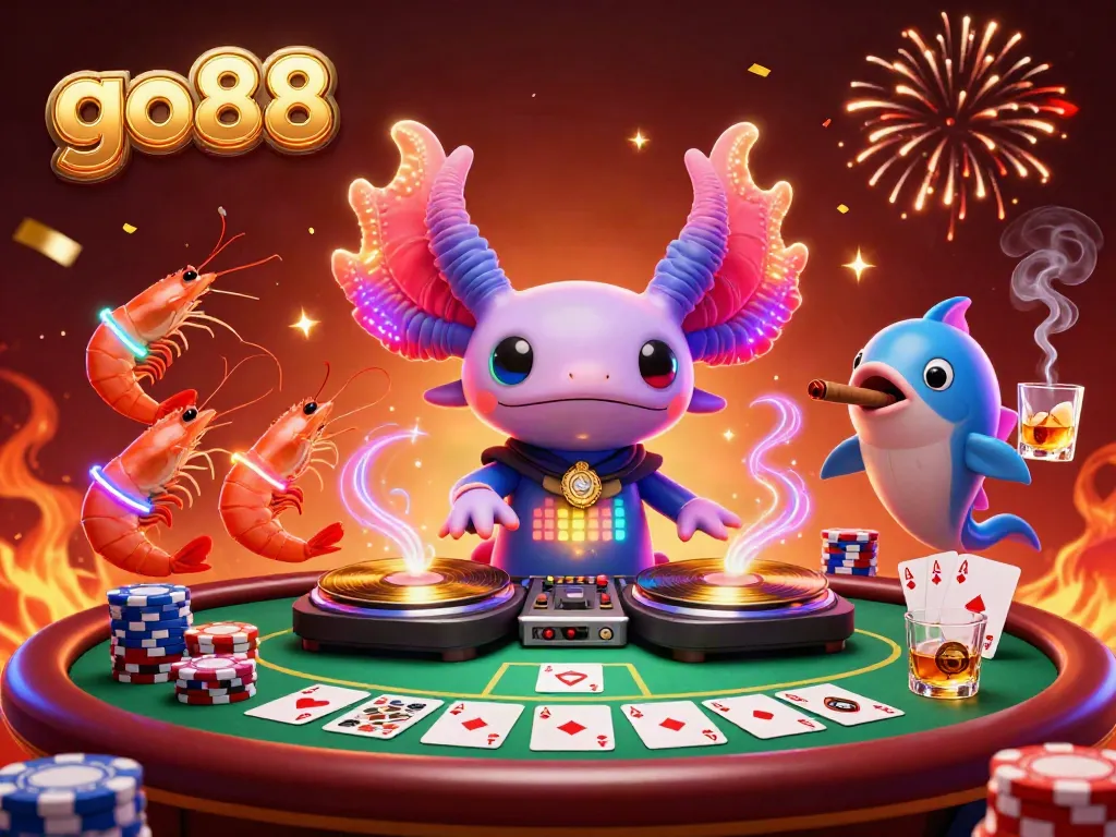 Go88 engagement scene featuring the vibrant axolotl DJ with poker chips and cards.