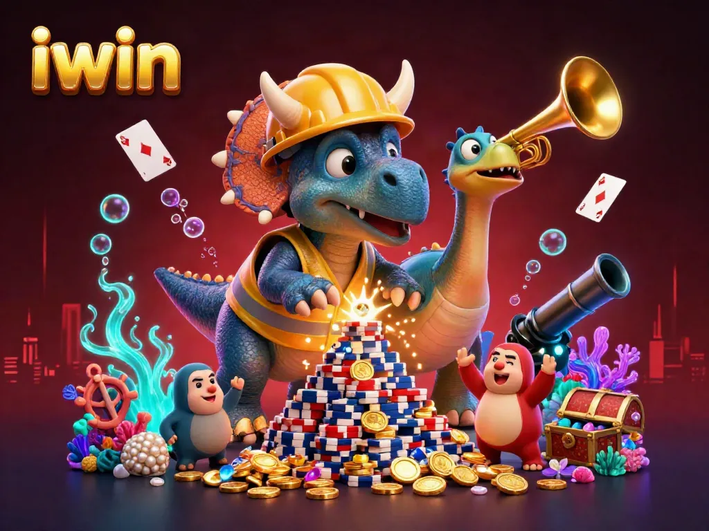 Join the fun at iwin with a celebratory casino scene featuring a triceratops and parasaurolophus amidst poker chips and treasure.