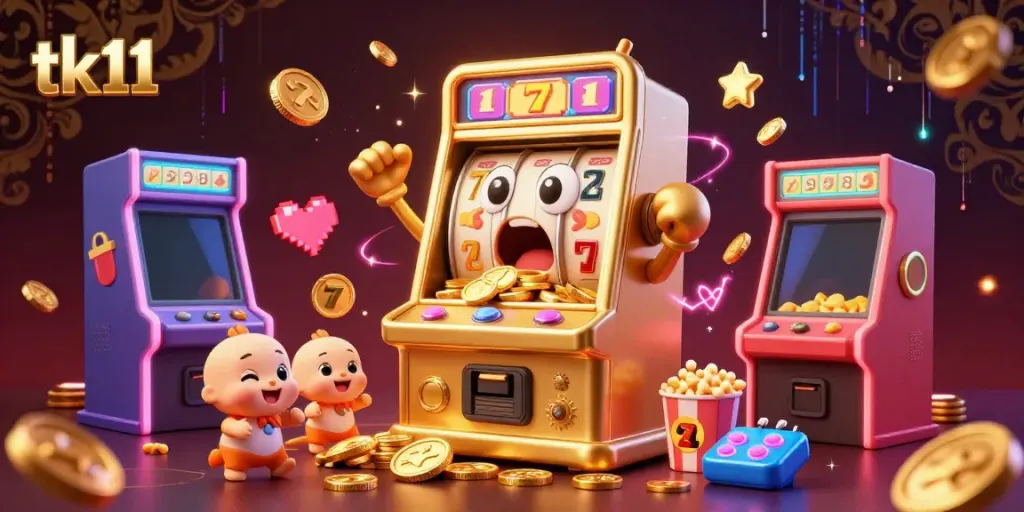 Feel the thrill of tk11 as the golden slot machine celebrates its jackpot with flying coins and cheerful companions in a vibrant casino scene.