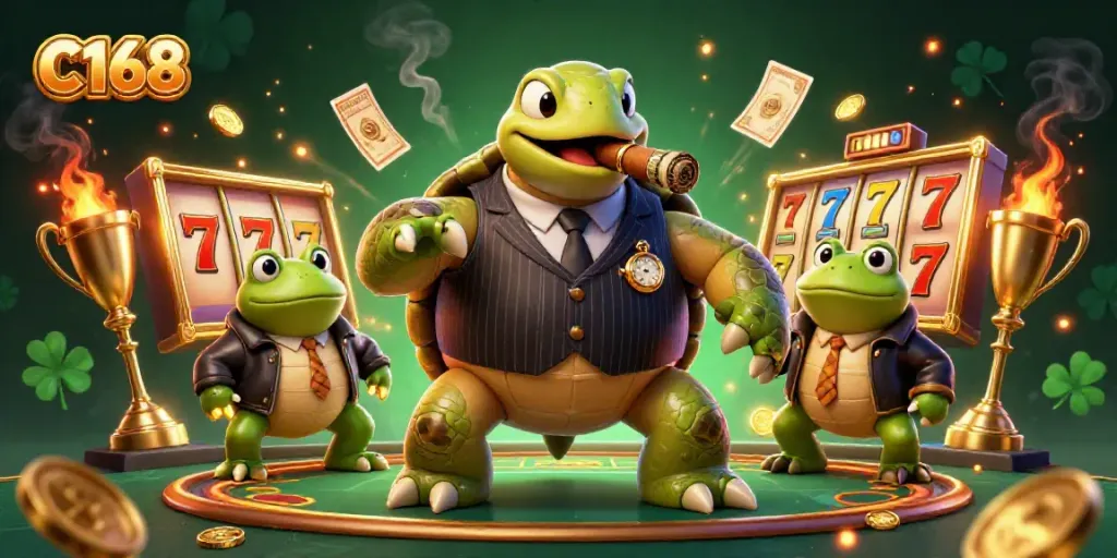 C168 offers exciting slots game experiences featuring a whimsical snapping turtle in a casino scene