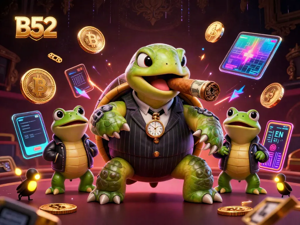 Experience the vibrant B52 casino scene with a mobster turtle and frog enforcers amidst Bitcoin action.