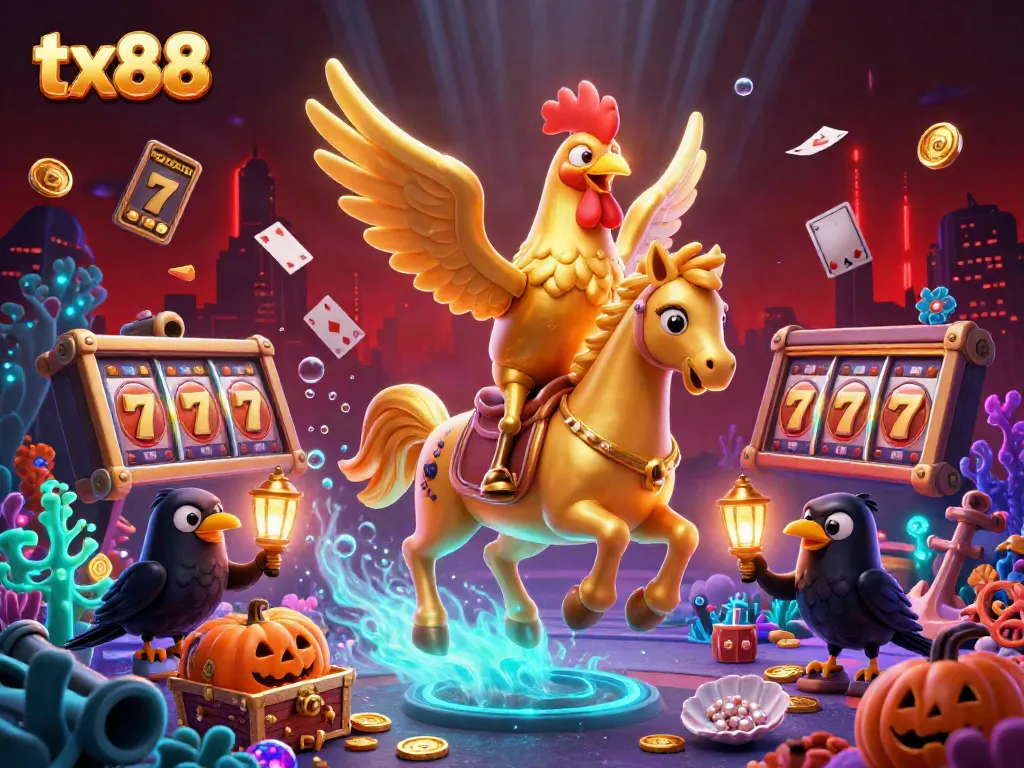 Experience the thrill of tx88 with a golden rooster, riding through a vibrant casino full of games.