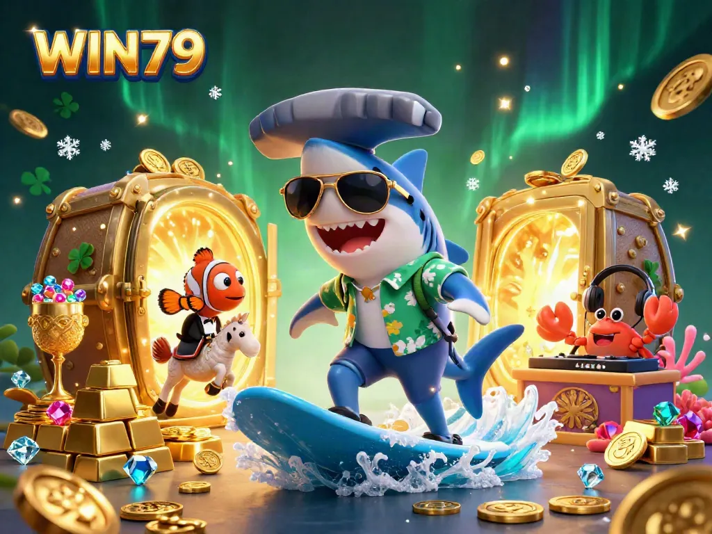 WIN79 showcases a lively casino scene with vibrant characters and sparkling treasures, emphasizing excitement.