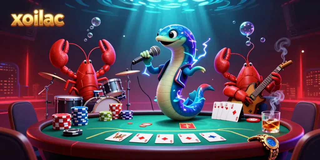Xoilac captures thrilling underwater casino vibes with a 3D electric eel DJ and lively characters.