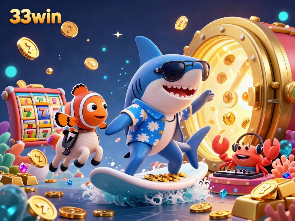 Engage with 33win's thrilling gaming world featuring a shark, clownfish, and crab amidst golden treasures.