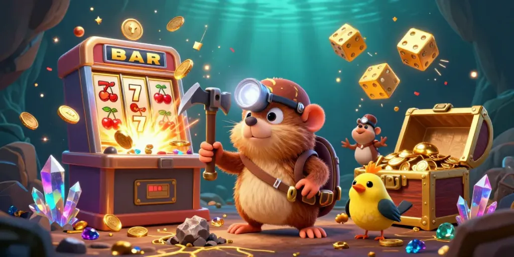 Experience big wins at SIN88 with a vibrant 3D treasure scene featuring a mining mole, jackpots, and casino elements.
