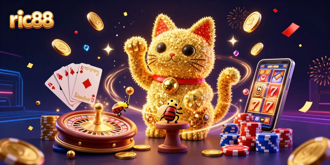 Experience vibrant gaming with ric88, showcasing a lucky cat surrounded by casino symbols.